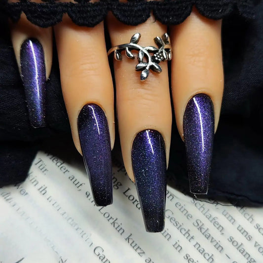 24 Pcs Coffin Press on Nails Long Fake Nails with Glue Glitter Nails Press ons Full Cove False Nails Blue Purple Acrylic Nails Glossy Reusable Stick on Nails Holiday Press on Nails for Women