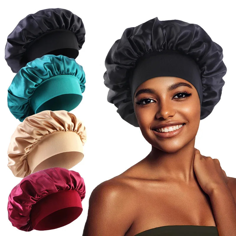 1PC Women's Satin Solid Bonnets Wide-brimmed Night Sleeping Bathing